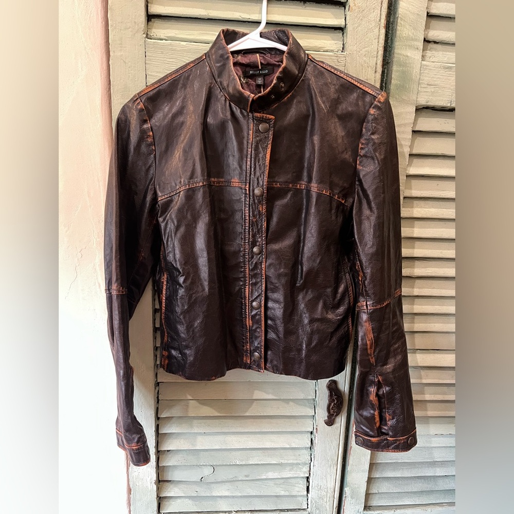 Billy Reid Brown Leather Jacket with Floral Lining SZ M